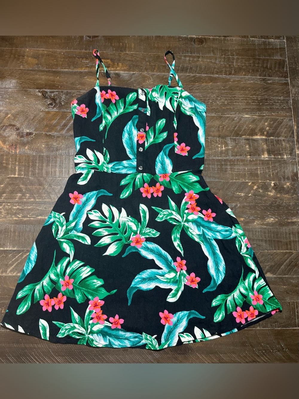 Hollister Black Linen Blend Tropical Dress Sz L Summer Beach Vacay Resort Party